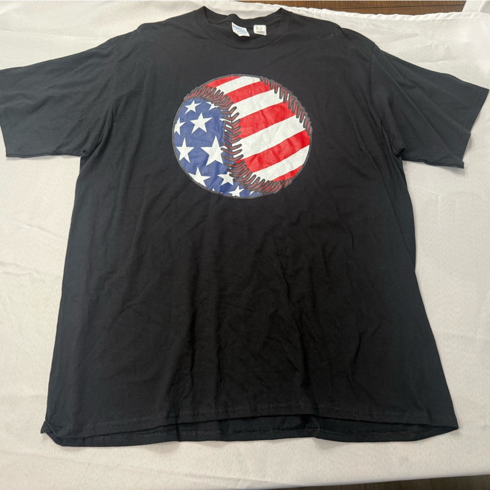 Black T-Shirt with American Flag Baseball Design